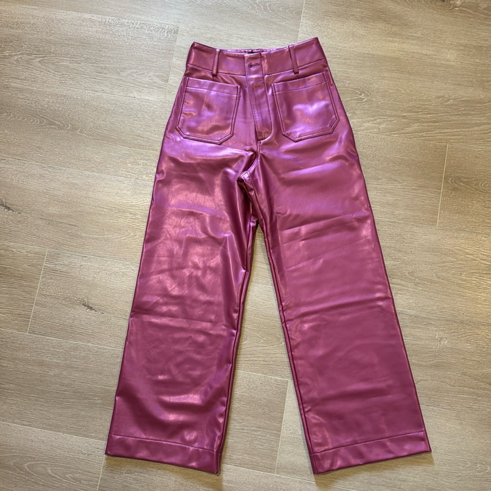 Pink faux leather Anthropologie Maeve Colette pant. High waisted, cropped style.